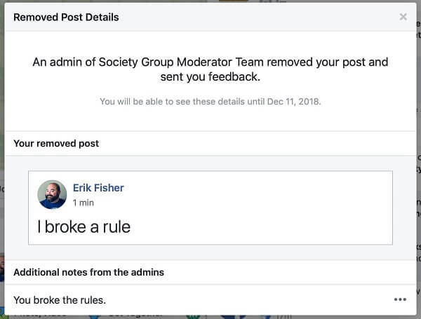 Det ser ut til at Facebook Groups gir administratorer en mulighet til å dele årsaken til at et innlegg ble fjernet til personen som postet det.