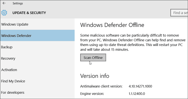 Windows 10 Defender tillater offline skanning etter skadelig programvare
