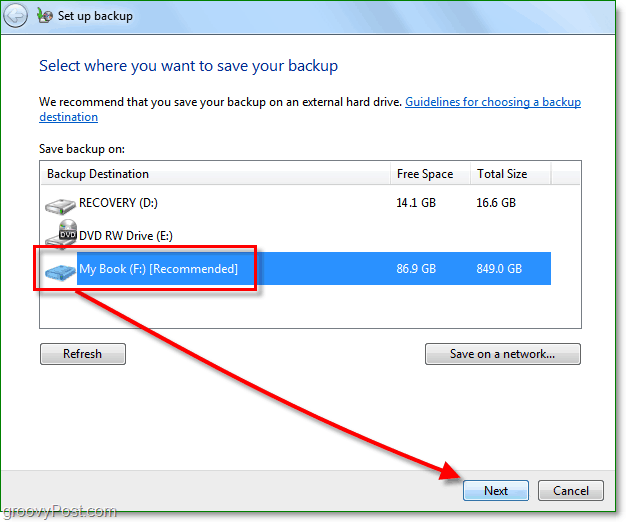 Windows 7 sikkerhetskopi - velg en sikkerhetskopiplassering