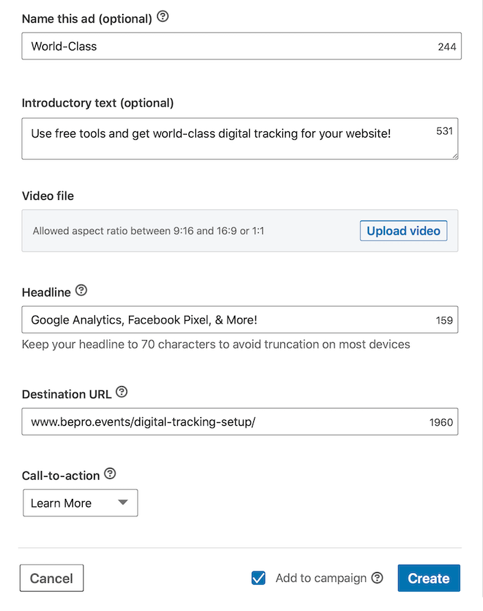 linkedin-annonsedetaljer inkludert navn, introtekst, videofil, overskrift, url og handlingsfremmende handling, samt legg til kampanje-knappen er merket