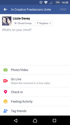 For å begynne å bruke Facebook Live, trykk på Go Live når du oppretter en status.