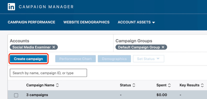 Opprett kampanje-knapp i LinkedIn Campaign Manager