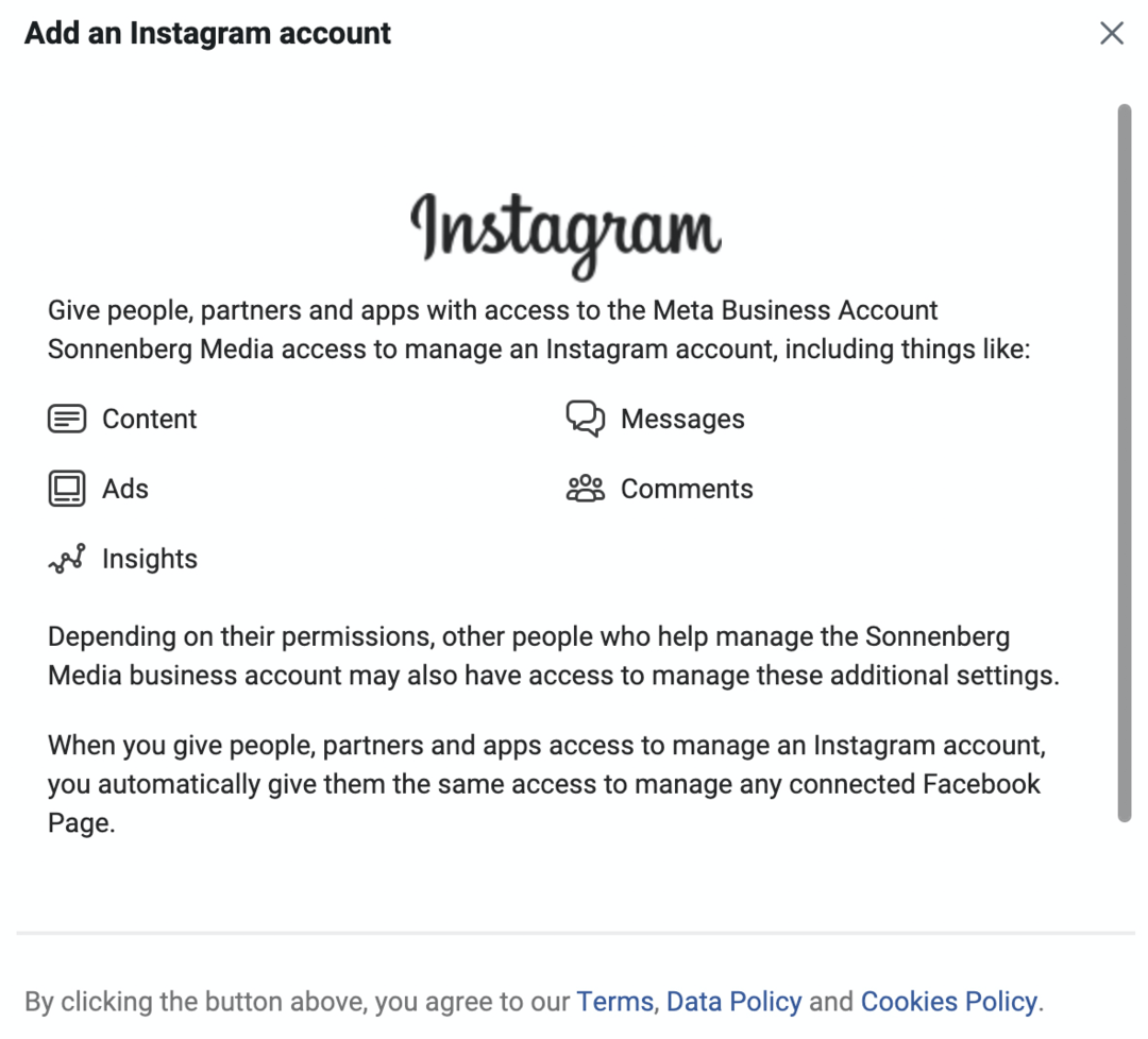 bilde av Legg til en Instagram-konto-skjerm i Meta Business Manager