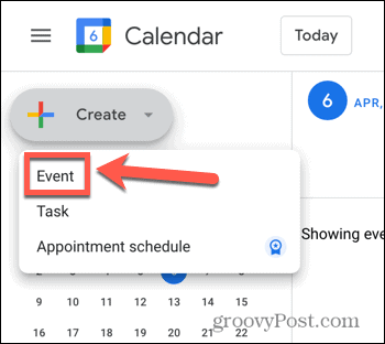 Skjermbilde for å lage hendelsesalternativer i Google Kalender