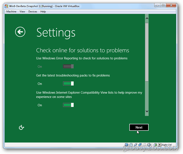 VirtualBox Windows 8 personverninnstillinger online løsninger