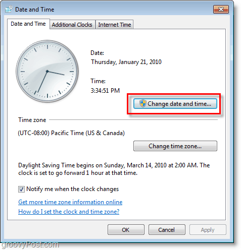 Windows 7-skjermbilde - endre dato og klokkeslett