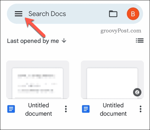 Åpne Google Dokumenter-mobilmenyen