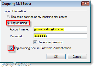 Windows Live Mail utgående server