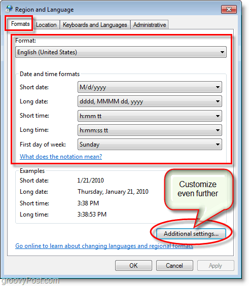 Windows 7-skjermbilde endrer innstillingene for region og språkformat