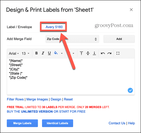google sheets etiketttype