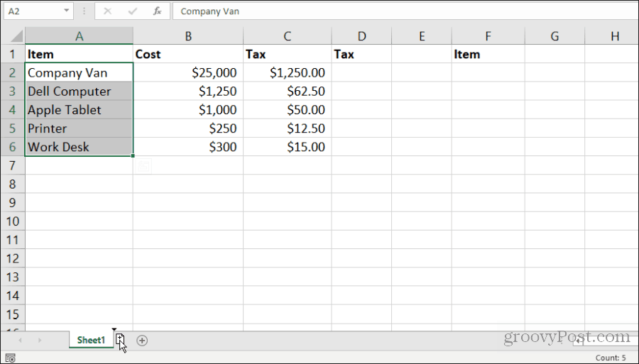 kopiere et ark i Excel