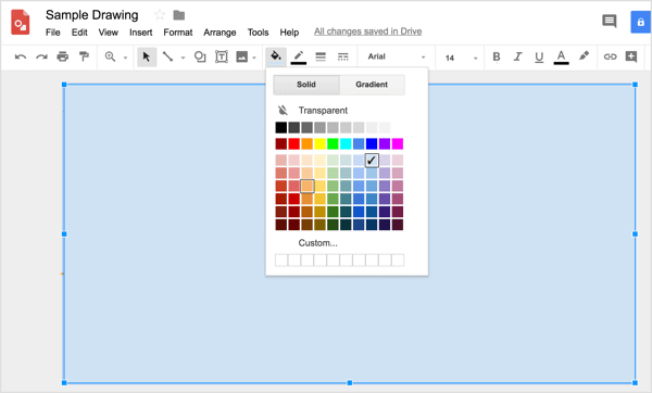 For å bruke en tilpasset farge på formen din, klikk på Fill Color-verktøyet og velg Custom.