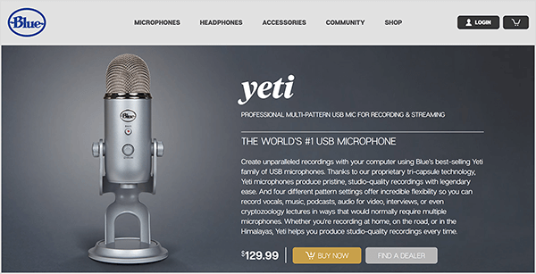 Dusty Porter anbefaler å oppgradere til en USB-mikrofon som Blue Yeti. På den blå salgssiden for Yeti-mikrofonen vises et bilde av en krommikrofon på et stativ mot en mørk grå bakgrunn. Prisen er oppført som $ 129,00.