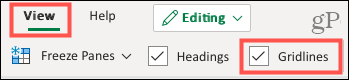Sjekk rutenett på fanen Vis i Excel online