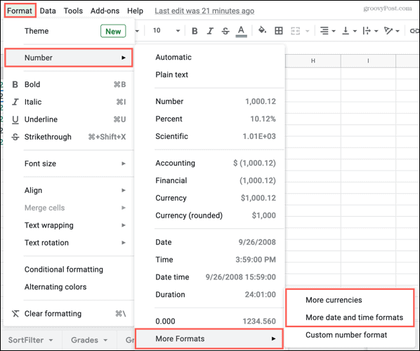 Format, tall, flere formater i Google Sheets