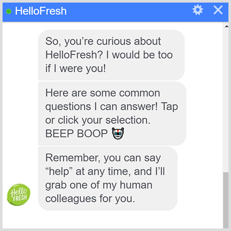 HelloFresh Messenger-bot forklarer hvordan man kan snakke med et menneske.