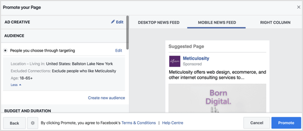 Facebook vil automatisk fylle ut publikumsinnstillingene basert på posisjonssiden din. 