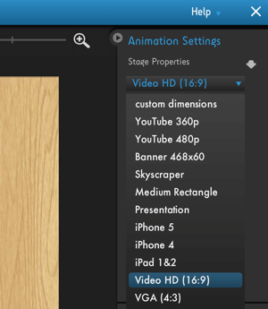 Klikk på menyen Innstillinger for moovly animasjon for å se alternativene for optimalisering av videoplattformen.