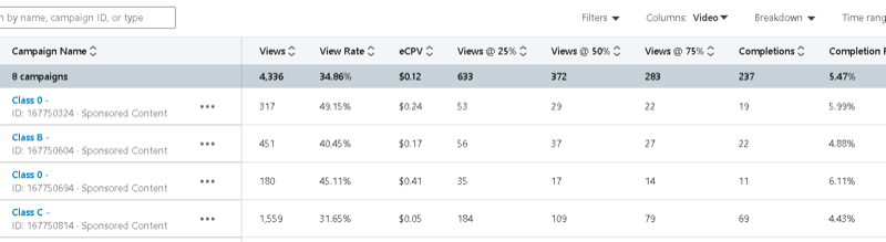 linkedin kampanjeansvarlig med eksempel på kampanjedata som inkluderer visninger, visningshastighet, eCPV og visninger @ 25%, 50%, 75%, fullføringer osv.