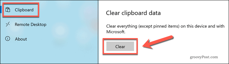 Tømning av Windows 10 utklippstavlehistorikk i Windows-innstillinger