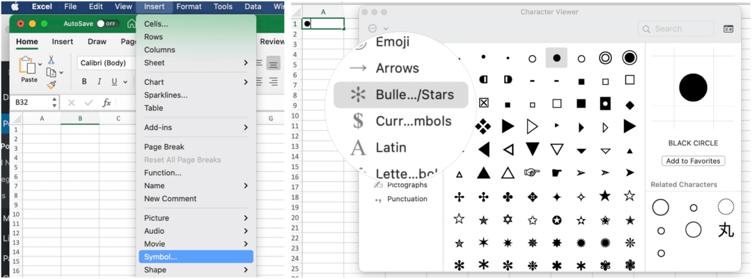 Sett inn kuler i Microsoft Excel på Mac