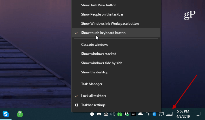Windows 10 Vis berøringstastatur-knapp