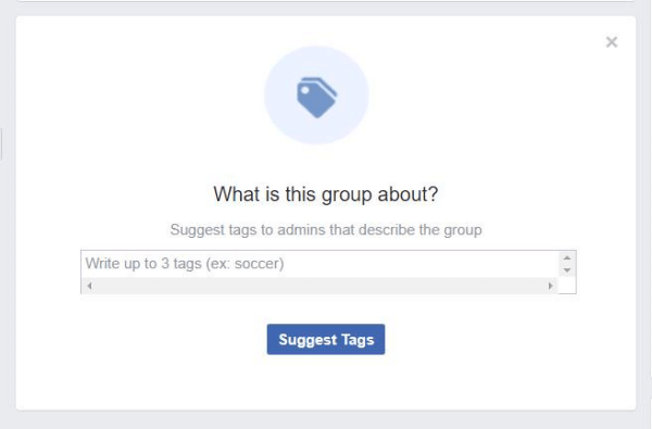En popup som finnes i Facebook-grupper, ber medlemmene om å foreslå koder som beskriver gruppen.
