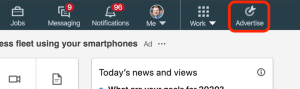 skjermbilde av Annonser-knappen på LinkedIn