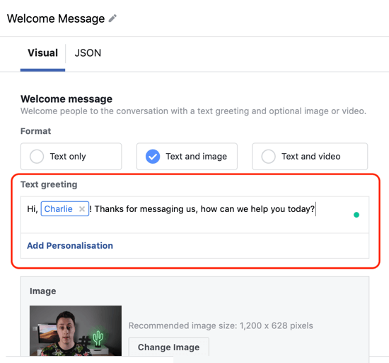 Hvordan målrette varme potensielle kunder med Facebook Messenger-annonser, trinn 12, eksempel på tilpasset maltilpasning for messenger-destinasjon