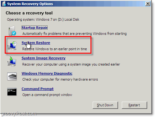 Windows 7-systemgjenoppretting er lett tilgjengelig fra reparasjonsboto-modus