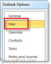 klikk på fanen e-postalternativer i Outlook 2010