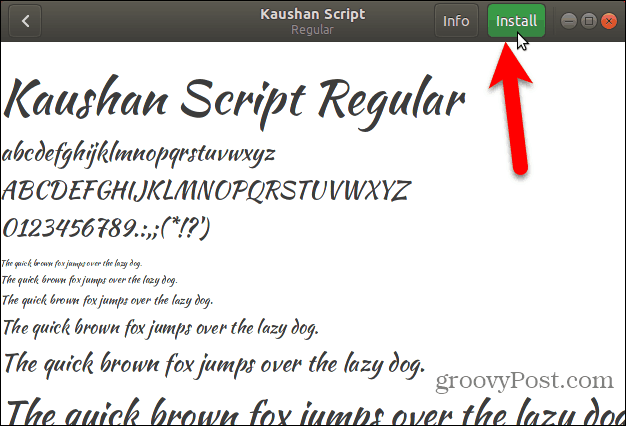 Klikk på Installer i Font Viewer
