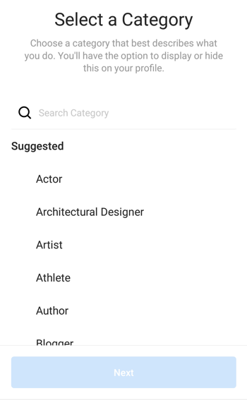Instagram Creator Profile Kategorivalg, trinn 1.