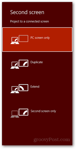  windows 8 tastatursnarvei koble til ny skjermdialog pc-skjerm duplikat utvide bare andre skjerm