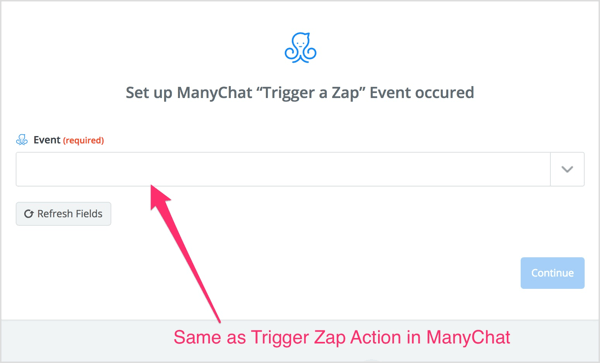 Velg Trigger Zap-handlingen du opprettet i ManyChat-strømmen.