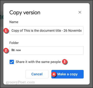 Kopierer versjonen av en Google Docs-fil