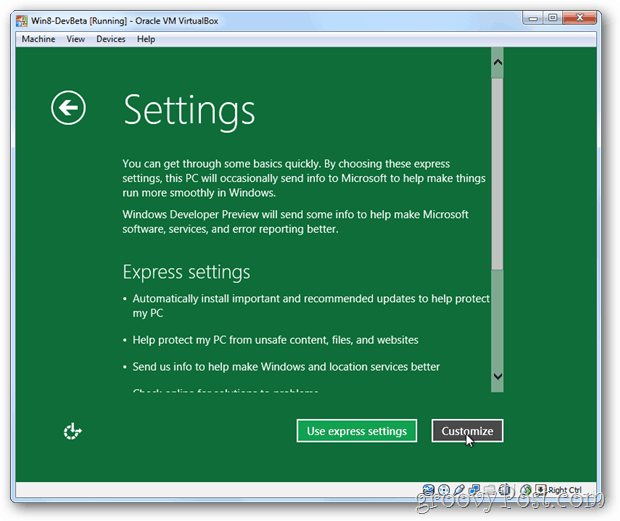 VirtualBox Windows 8 uttrykk eller tilpasse oppsett