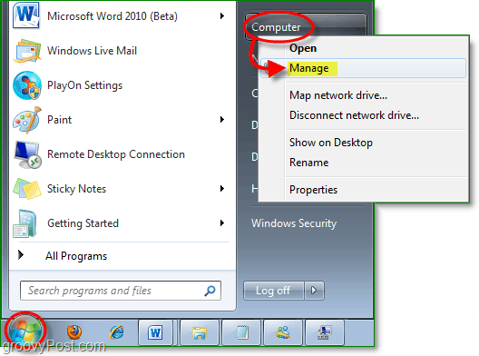 få tilgang til enhetsbehandleren fra startmenyen for Windows 7