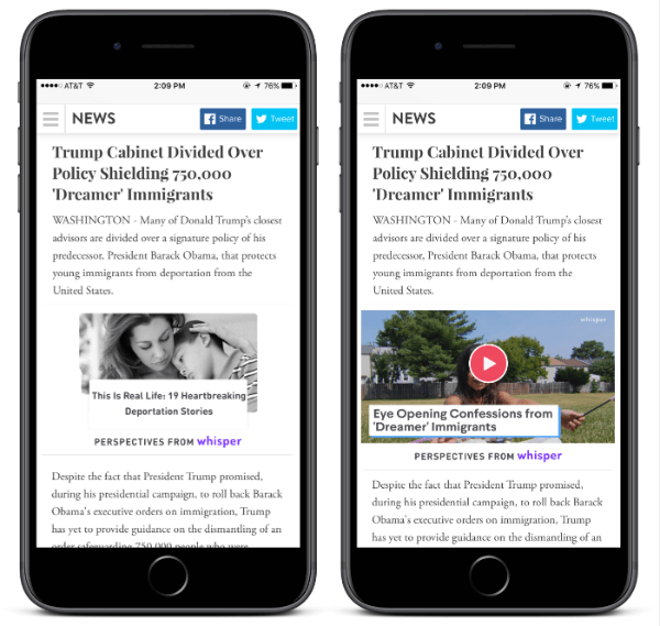 Med Whispers nye Perspectives-widget kan enhver utgiver legge til en artikkel for å gi leserne kontekstrelevante perspektiver fra millioner av Whisper-brukere.