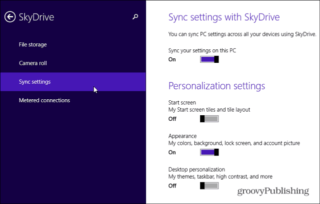 SkyDrive synkroniseringsinnstillinger