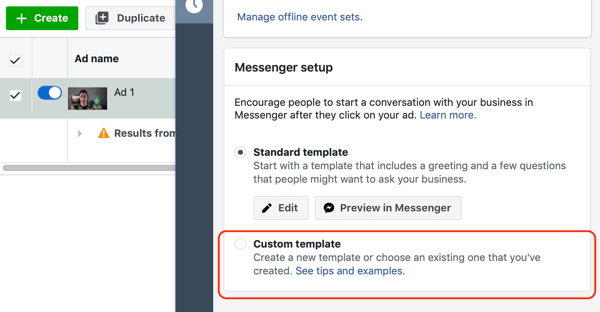 Hvordan målrette varme potensielle kunder med Facebook Messenger-annonser, trinn 10, alternativ for tilpasset mal for Messenger-destinasjon