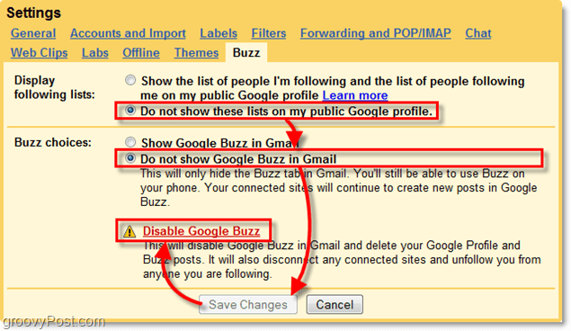 i gmail-innstillinger klikker du på Google Buzz-fanen