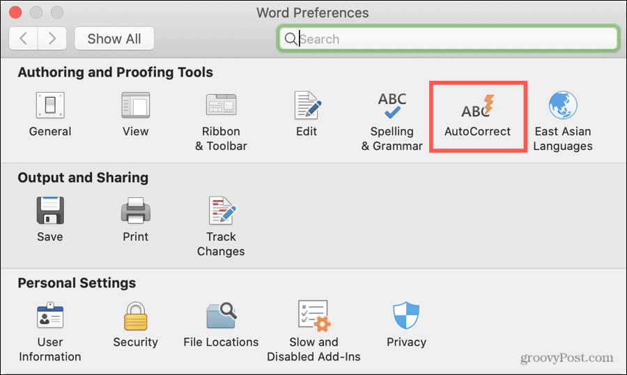 Word Preferences AutoCorrect på Mac