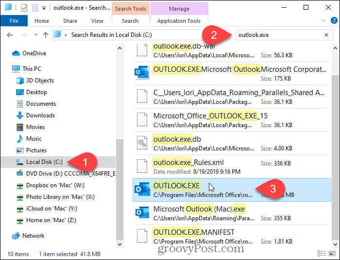 Søk etter Outlook i File Explorer
