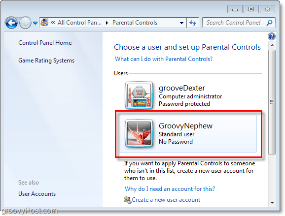 Velg en bruker å justere foreldrekontrollegenskapene for i Windows 7
