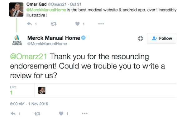 Merck Manual Home oppfordrer en kunde til å legge igjen en anmeldelse for appen sin.