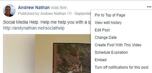 For å få innbyggingskoden til et Facebook Live-videoinnlegg, klikk på trepunktsmenyen og velg Bygg inn.