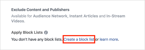Klikk på Bruk blokkeringslister i Plasseringer-delen, og klikk deretter på Opprett en blokkeringsliste.