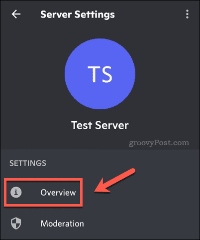 Serverinnstillingsmeny på Discord mobil