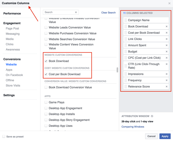 Velg kolonnene du vil legge til i resultattabellen for Facebook-annonser.